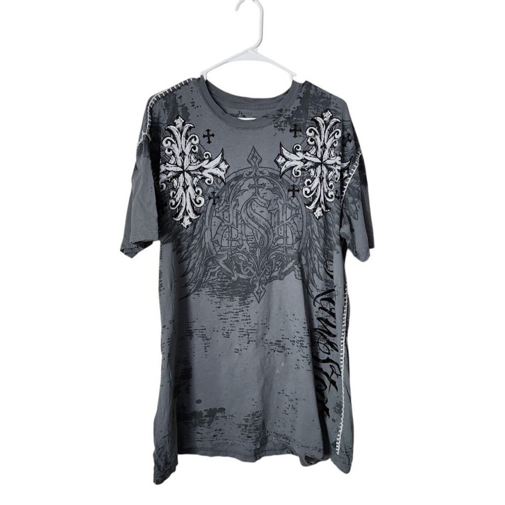 RAW STATE‎ Graphic Cross Lion Crest T-Shirt Gray Distressed Tattoo Tee 2XL